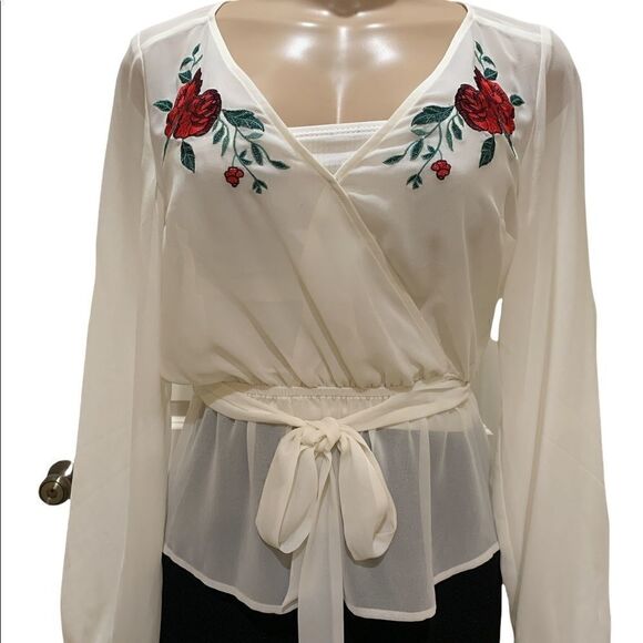 NWT- Express Embroidered Rose Wrap Peplum Chiffon Top - Picture 2 of 7